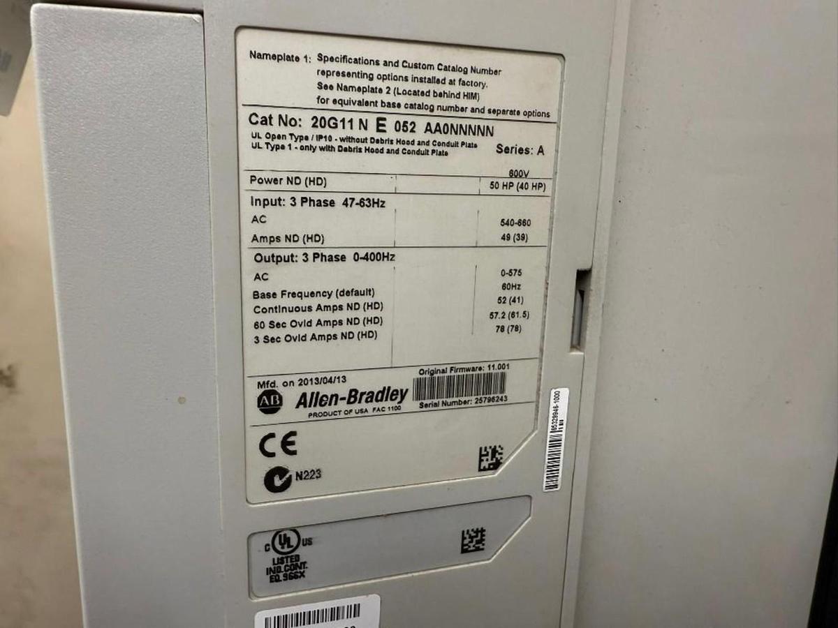 Used 50 HP ALLEN BRADLEY POWERFLEX 755 DRIVE CAT. 20G11NE052AA0NNNNN 600V