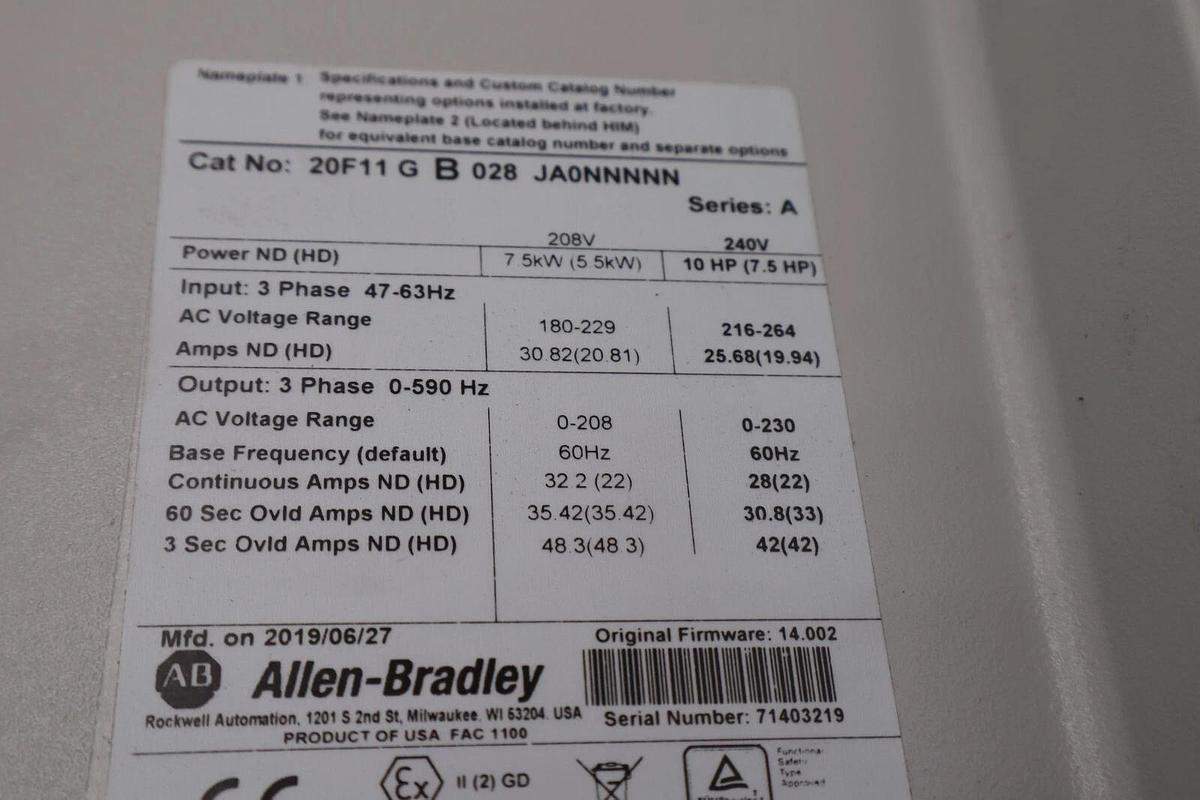 ALLEN BRADLEY POWERFLEX 753 20F11GB028JA0NNNNN SERIES A 10 HP STOCK 5001A