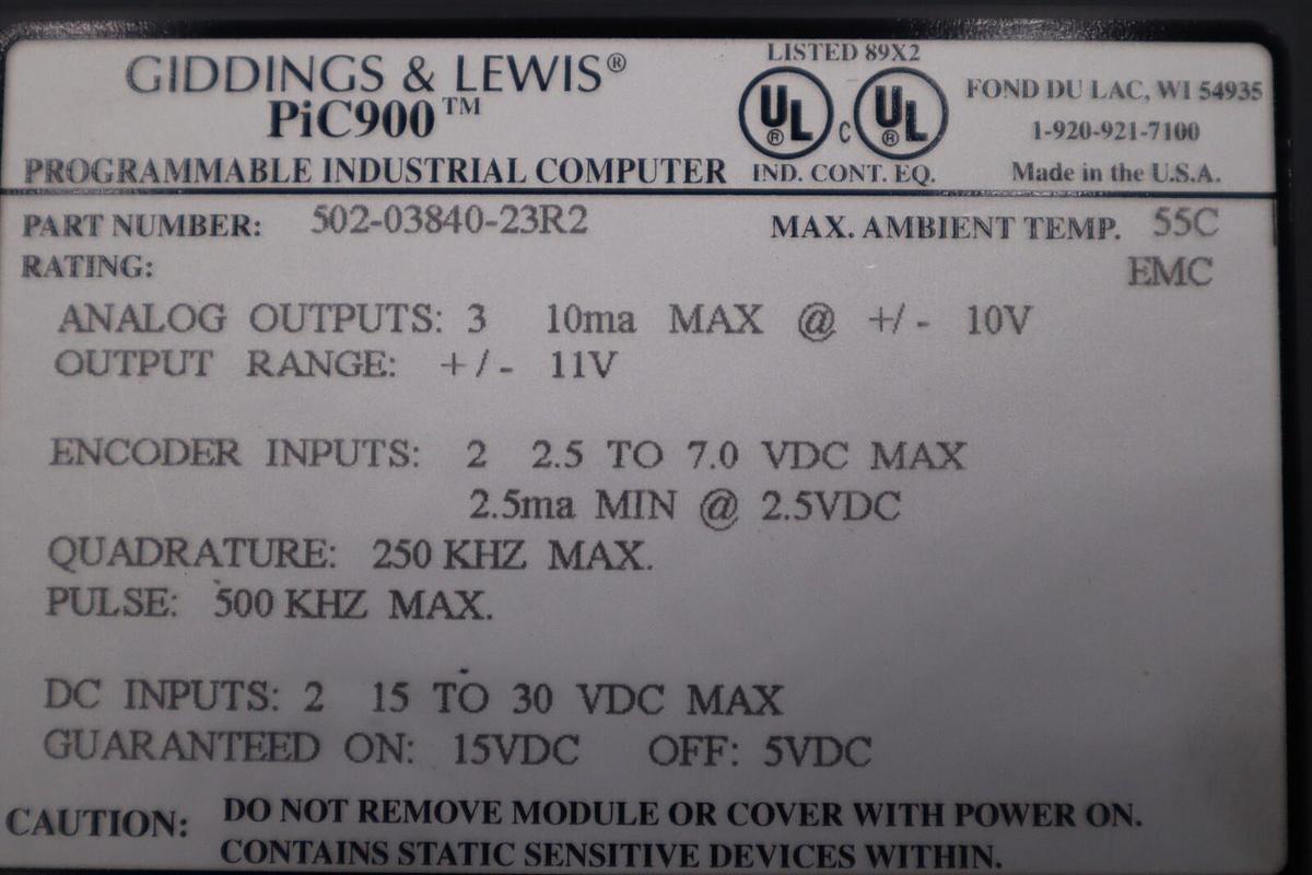 Used Giddings & Lewis 502-03840-23R2 PIC900 Programmable Industrial Computer New