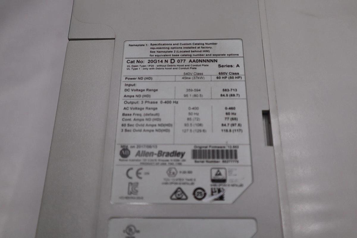 Used ALLEN BRADLEY 20G14ND077AA0NNNNN SER A POWERFLEX 755 AC DRIVE 60 HP STOCK 750