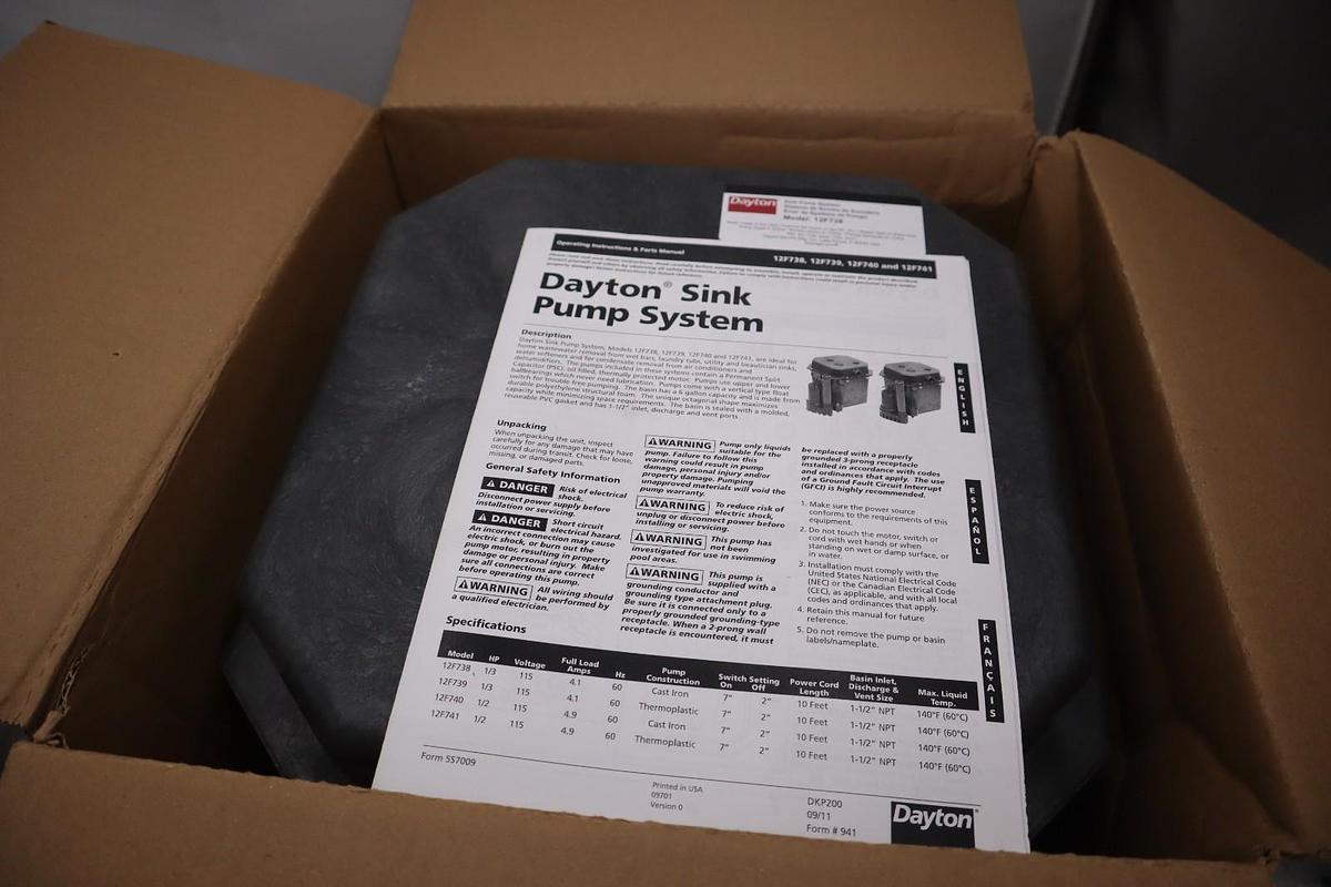Used DAYTON 12F738 Sink Drain Pump System STOCK GF227