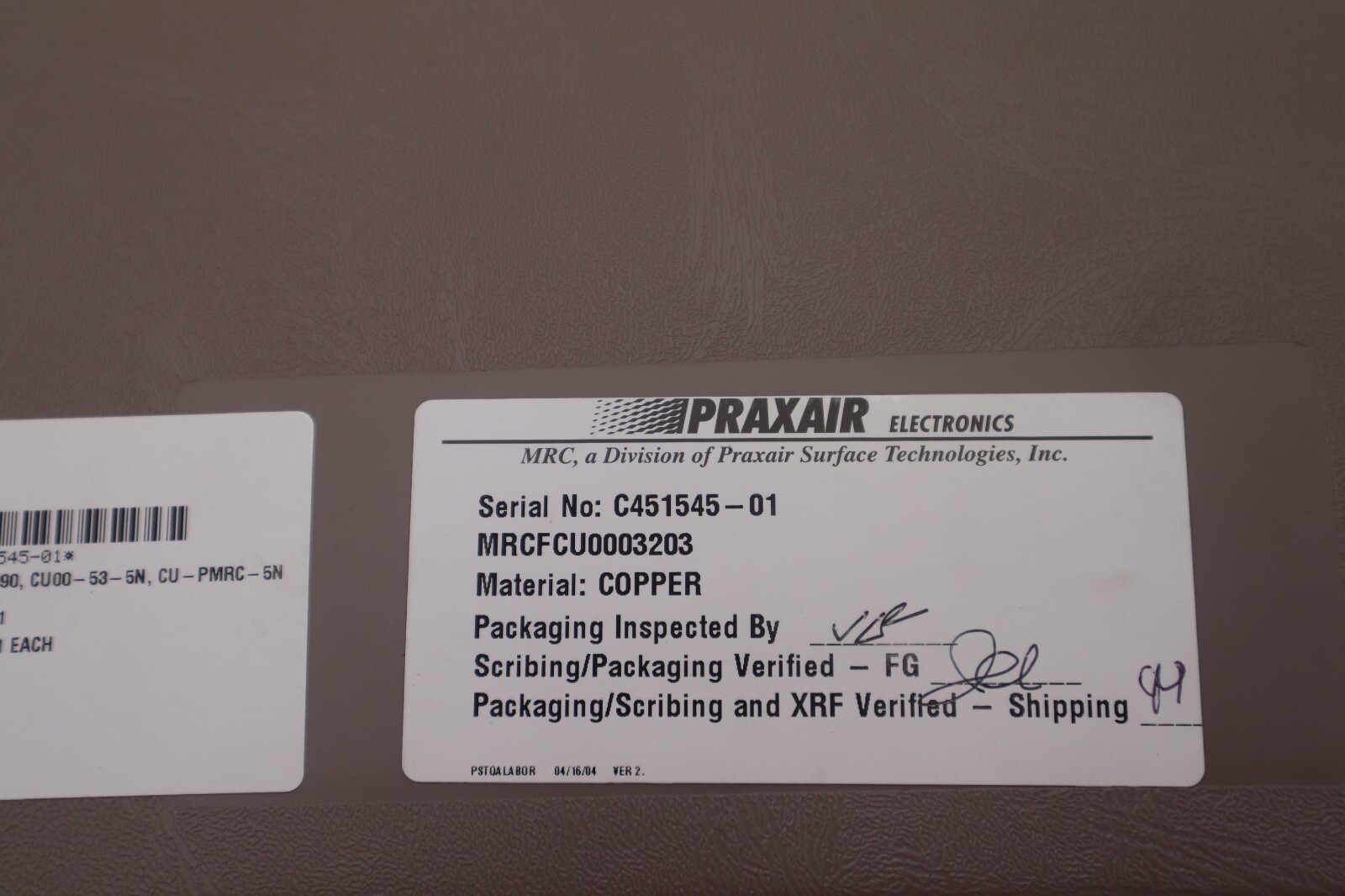 Praxair Electronics MRCFCU0003203 Copper 5N Inset Chi 4PCE C451545-01  #2769