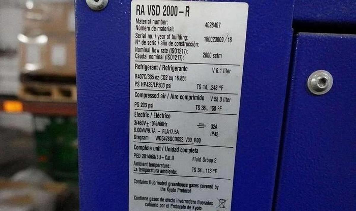 Used BEKO RA VSD 2000-R REFRIGERATED AIR DRYER MANUFACTURED 2018 2000 CFM