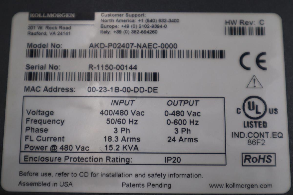 Used KOLLMORGEN AKD-P02407-NAEC-0000 AC Servo Drive Rev C STOCK 512-B