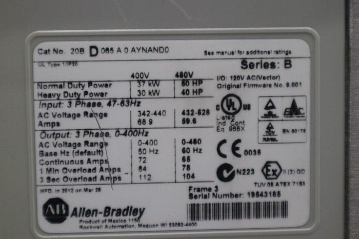 Used ALLEN BRADLEY 20BD065A0AYNAND0 50 HP 480V POWERFLEX 700 VFD DRIVE STOCK 5546