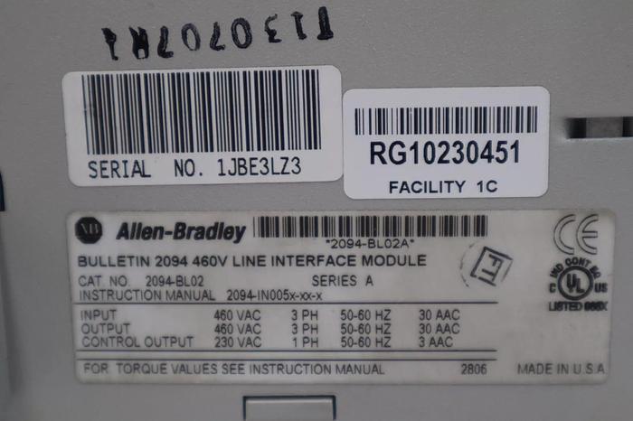 Used Allen Bradley 2094-BL02 Kinetix 6000 460V Line Interface Module SER A #5030