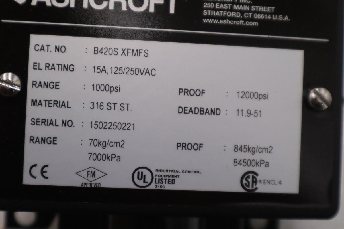 ASHCROFT B420S XFMFS PRESSURE SWITCH 1000 PSI 15A 125/250VAC - STOCK GF109A