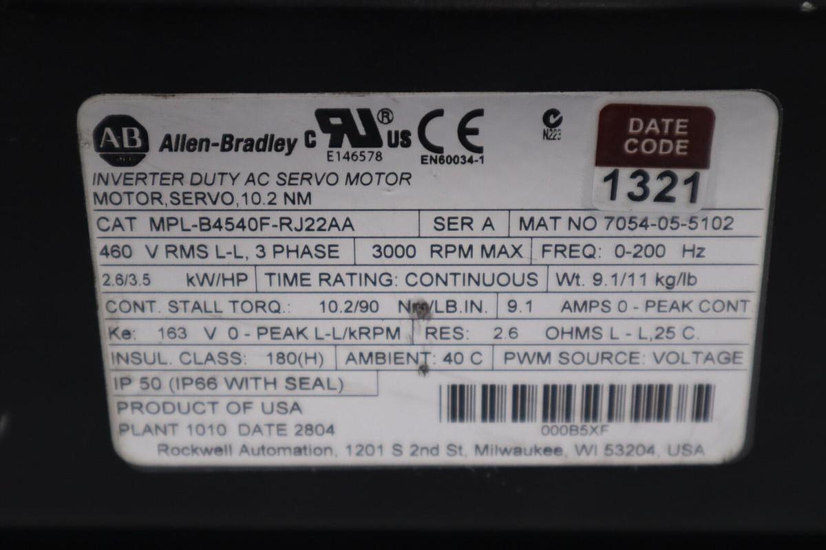 Used ALLEN BRADLEY MPL-B4540F-RJ22AA / MPLB4540FRJ22AA SERVO MOTOR NEW STOCK H1034