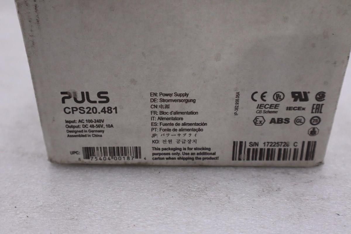 Used Puls CPS20.481 Power Supply, 1-Phase, 120-240VAC, 48VDC 10A 480W NEW IN BOX H450