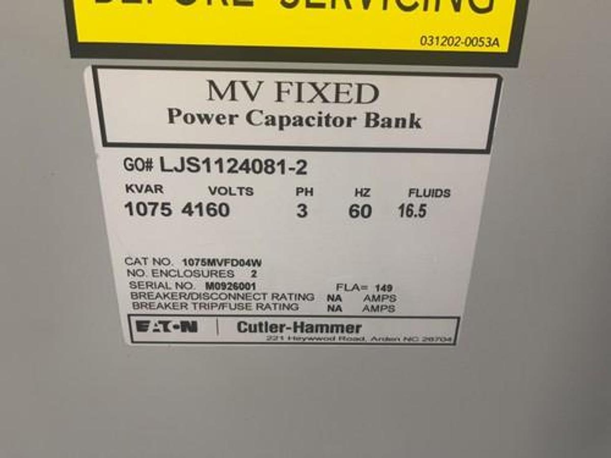 Used Eaton Cutler Hammer MV Fixed Power Capacitor Bank 1075 KVAR 4160 V 1075MVFD04W