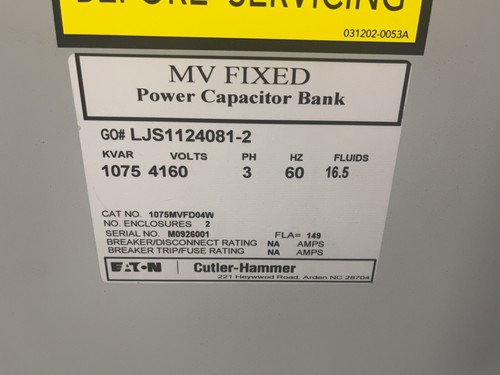 Used Eaton Cutler Hammer MV Fixed Power Capacitor Bank 1075 KVAR 4160 V 1075MVFD04W