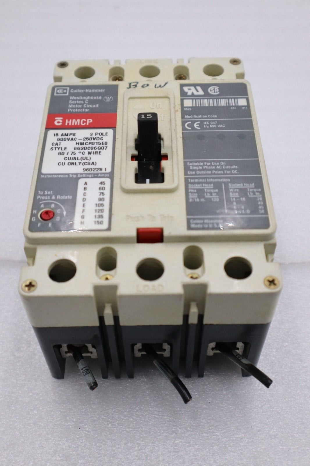 Used HMCP015E0 Cutler Hammer Motor Circuit Protector 15A 3P 600V STOCK 4055-A