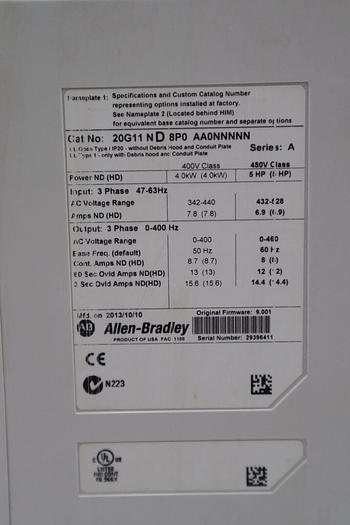 Used ALLEN BRADLEY POWERFLEX 755 DRIVE 5 HP 20G11ND8P0AA0NNNNN MFG. 2014 STOCK 308-A