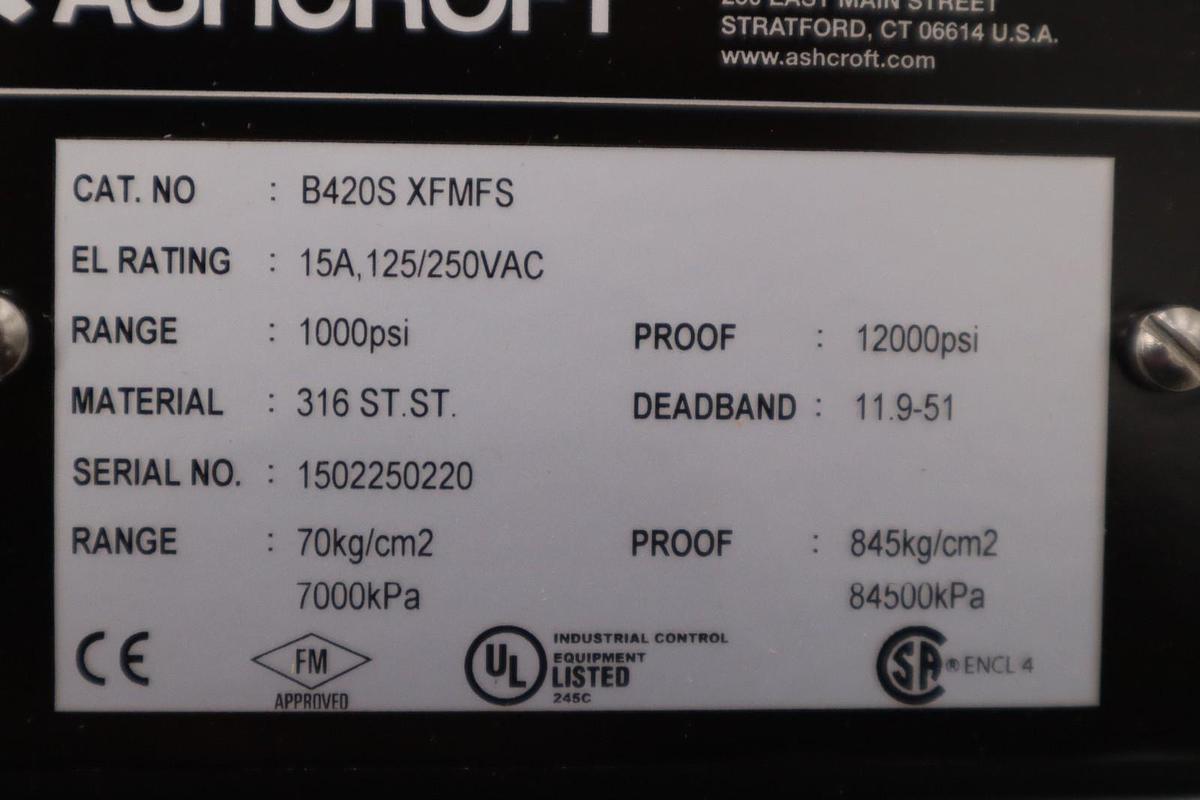 ASHCROFT B420S XFMFS PRESSURE SWITCH 1000 PSI 15A 125/250VAC - STOCK GF91A