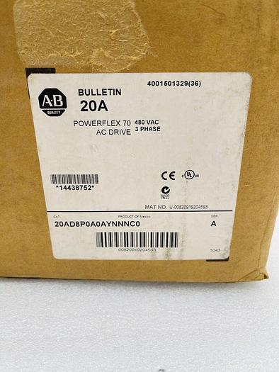 ALLEN BRADLEY 20AD8P0A0AYNNNC0 SER A POWERFLEX 70 AC DRIVE STOCK 2275