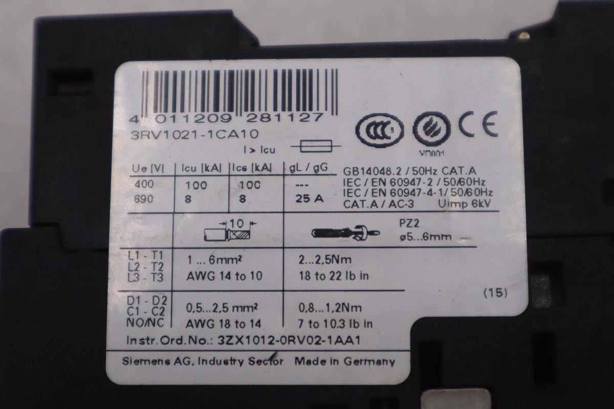 Used Siemens 3RV1021-1CA10 Manual Starter Circuit Breaker 1.8-2.5A STOCK K-3473