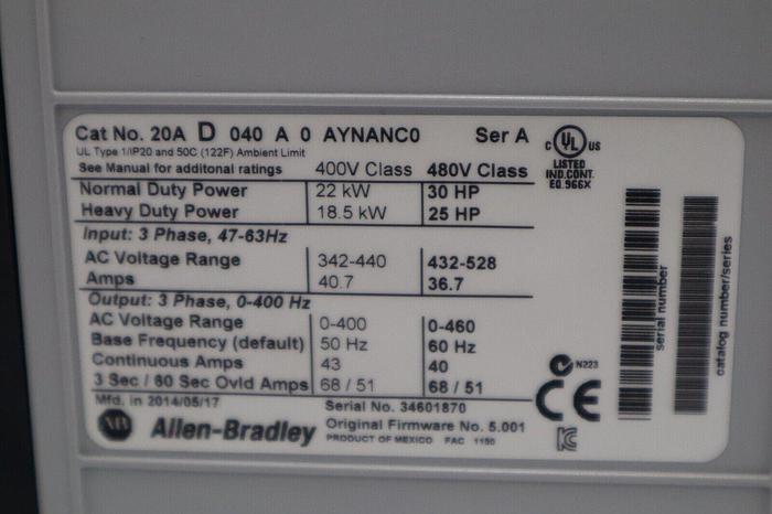 ALLEN BRADLEY 20AD040A0AYNANC0 POWERFLEX 70 30HP AC DRIVE STK 5358