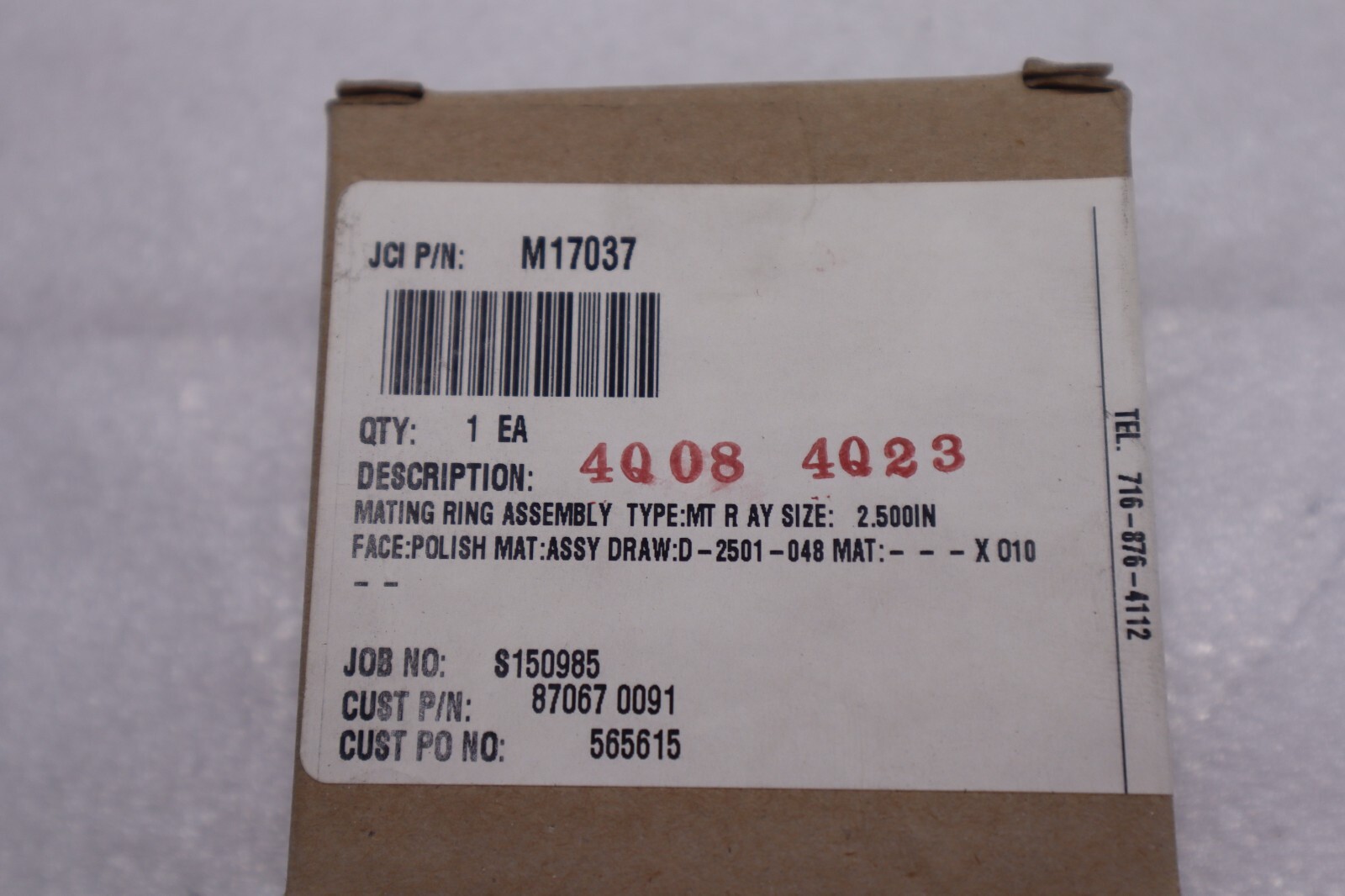 JOHN CRANE D-2501-048 MATING RING ASSEMBLY 2.500IN STOCK # K-2136