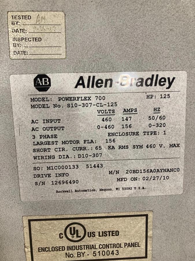 Used ELECTRICAL ENCLOSURE WITH 20BD156A0AYNANC0 Allen Bradley 125HP Powerflex 700