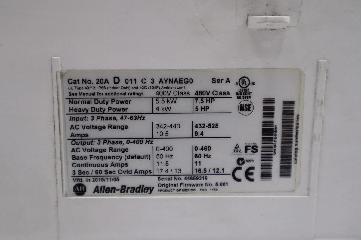 Used Allen Bradley 20AD011C3AYNAEG0 Powerflex 70 Drive VFD MFG. 2015 FRN: 5.001 1726