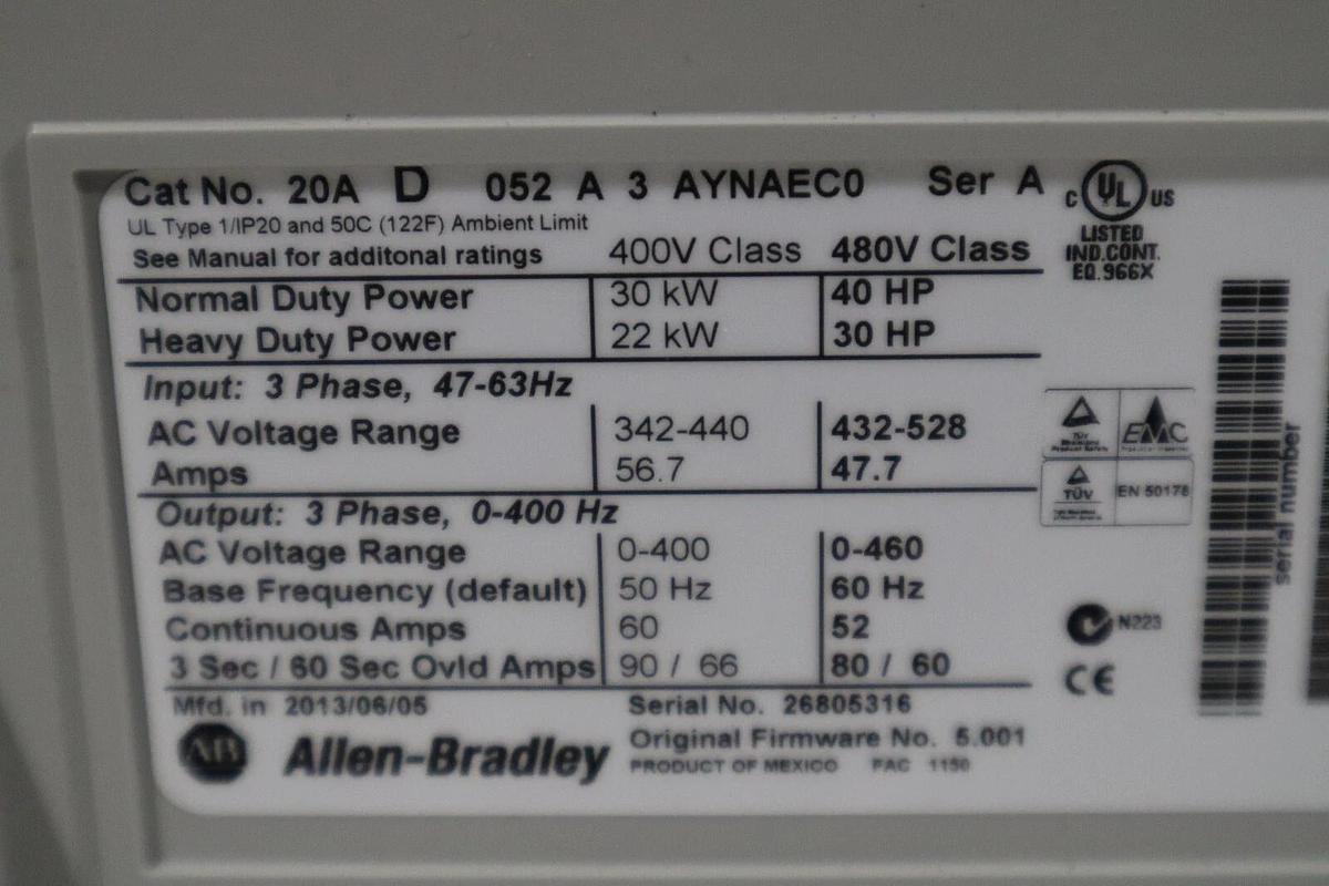 ALLEN BRADLEY 20AD052A3AYNAEC0 SER. A 480VAC POWERFLEX 70 DRIVE NEW STOCK S-592