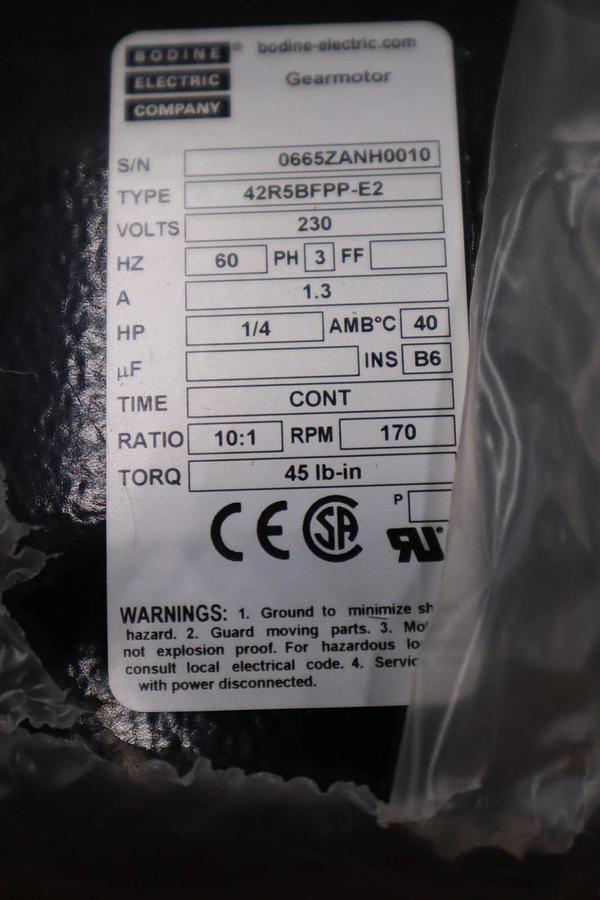 Used Bodine gear motor 42R5BFPP-E2 230V 3PH 1/4HP 10:1 170 RPM NEW UNIT STOCK H458