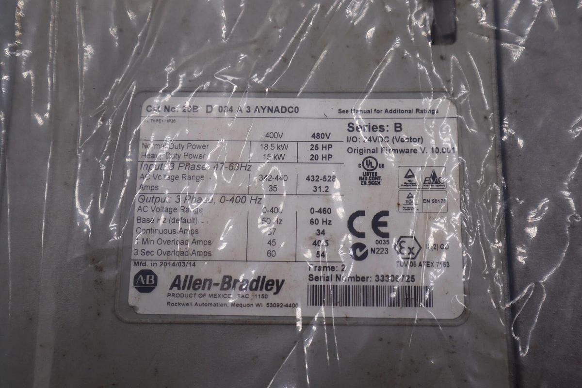 Used REFURB Allen Bradley PowerFlex 700 20BD034A3AYNADC0 MFG 2014 AC Drive STOCK 2447