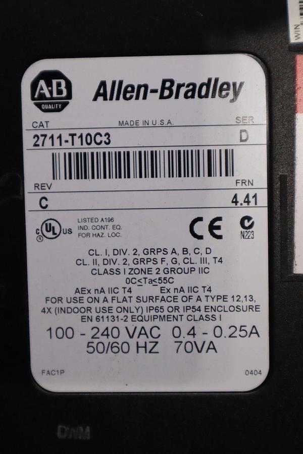 Used Allen Bradley 2711-T10C3 Ser. D PanelView 1000 Rev. C FRN. 4.41 STOCK H1801