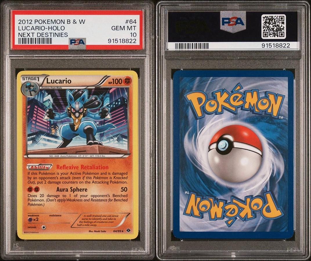 Used 2012 POKEMON BLACK & WHITE NEXT DESTINIES #64 LUCARIO-HOLO PSA 10 LOW POP 12