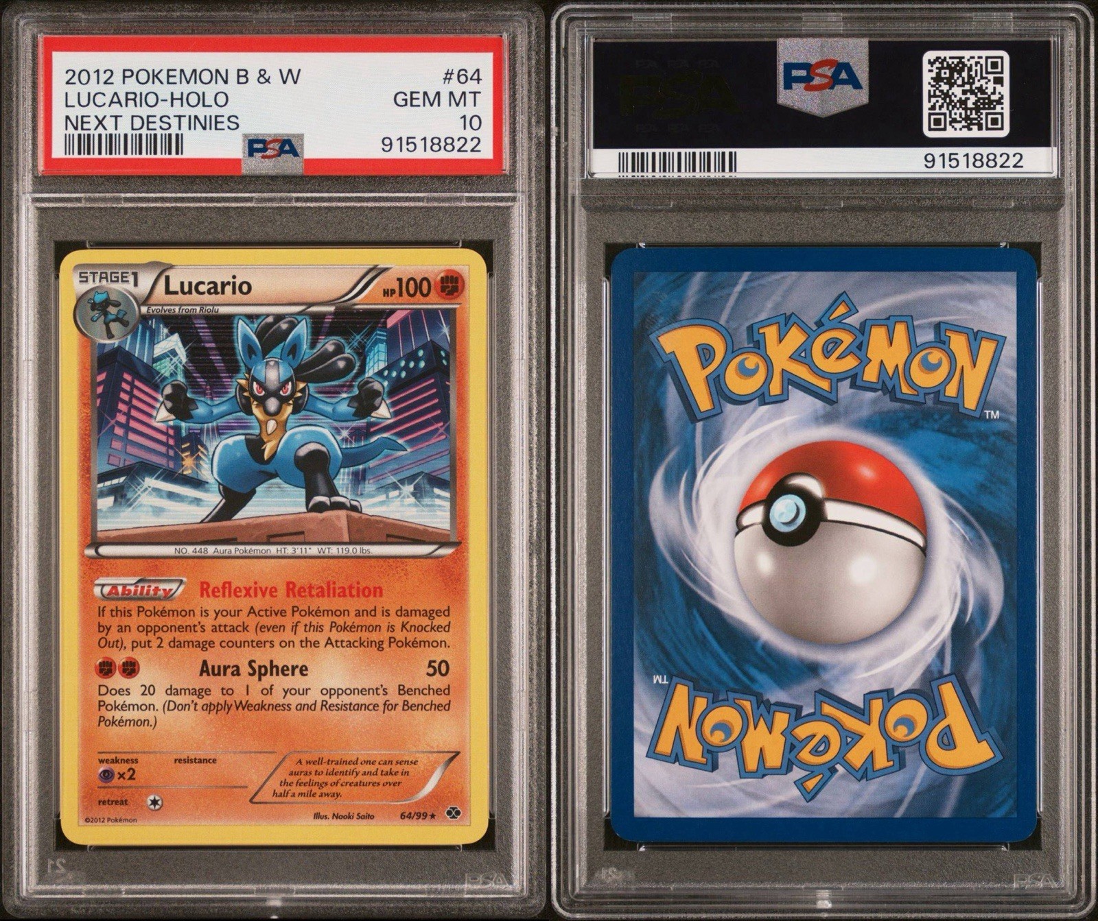 Used 2012 POKEMON BLACK & WHITE NEXT DESTINIES #64 LUCARIO-HOLO PSA 10 LOW POP 12