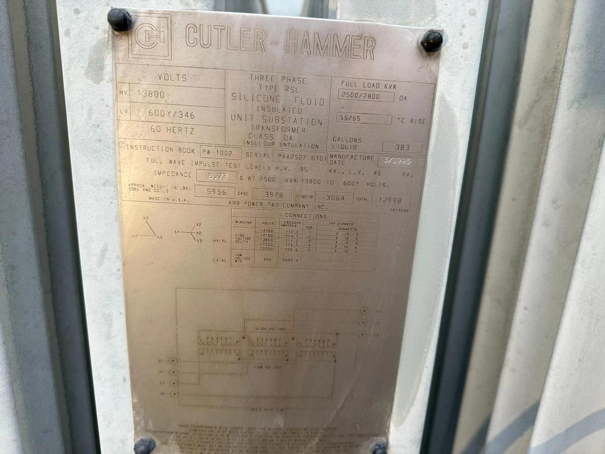 Used CUTLER HAMMER 2500 kVA HV 13.8kV–600Y/346V Substation Transformer W/ Switchgear