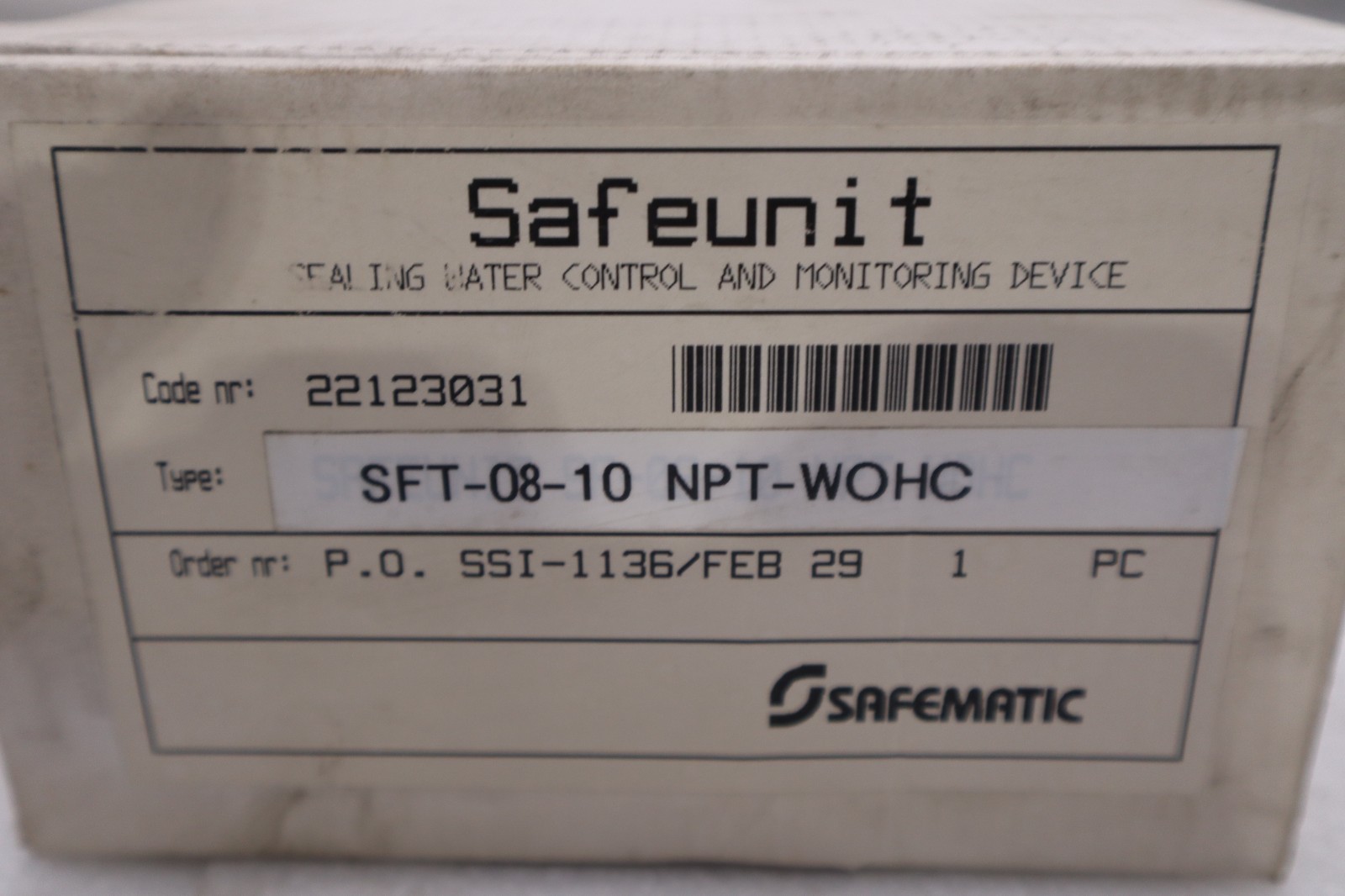 Safematic 22123031 Safeunit Sf-08-10 Seal Water Control - STOCK GF201A