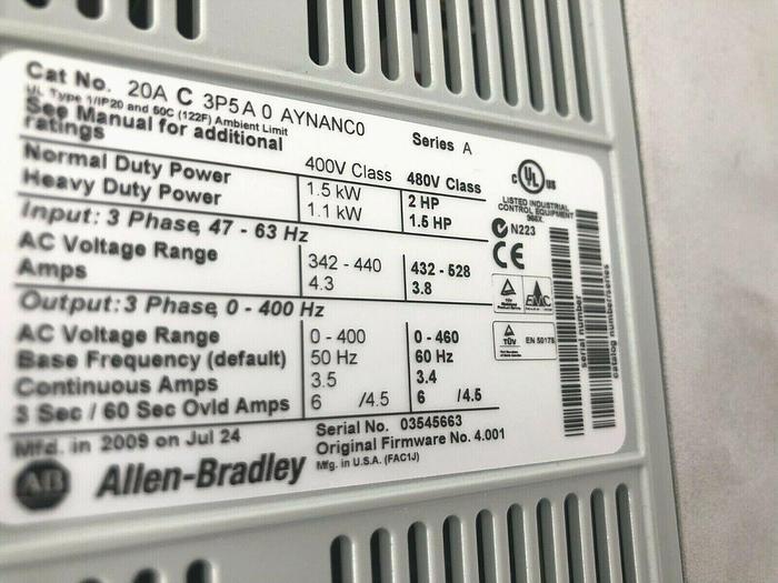 Used ALLEN BRADLEY 20AC3P5A0AYNANC0 POWERFLEX 70 2HP AC DRIVE STOCK 1035