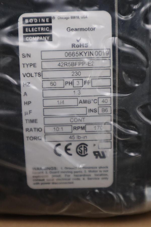 Bodine gear motor 42r5bfpp-e2 230V 3PH 1/4HP 10:1 170 RPM NEW UNIT STOCK H711