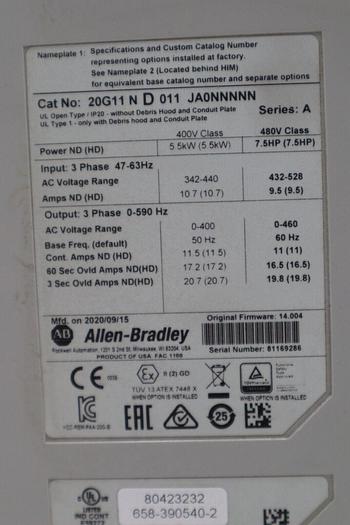 Used ALLEN BRADLEY 20G11ND011JA0NNNNN POWERFLEX 755 AC DRIVE AIR COOLED STOCK 4802