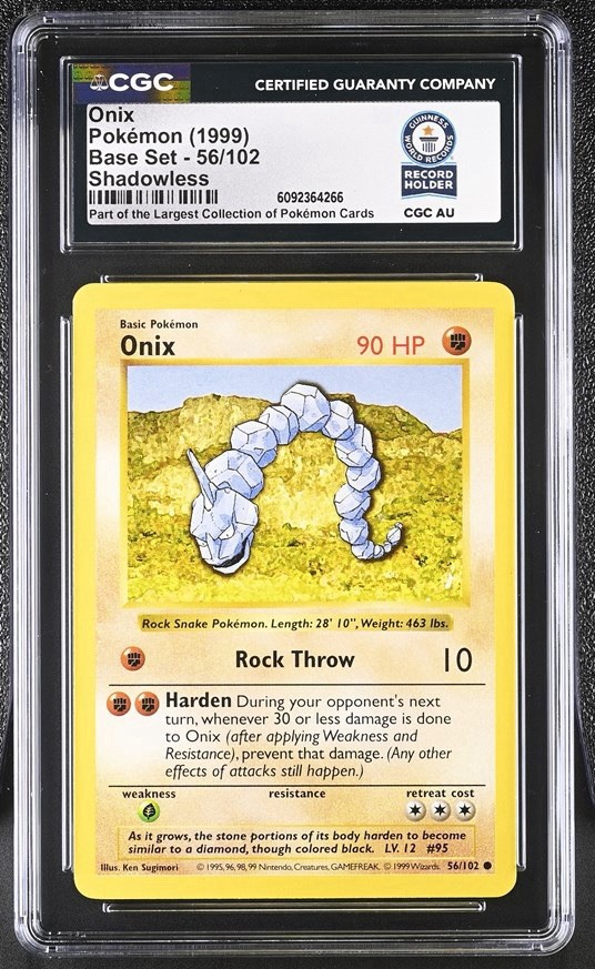 Used 1999 POKEMON BASE SET SHADOWLESS #56 ONIX CGC WORLD RECORD 1/1 SLAB