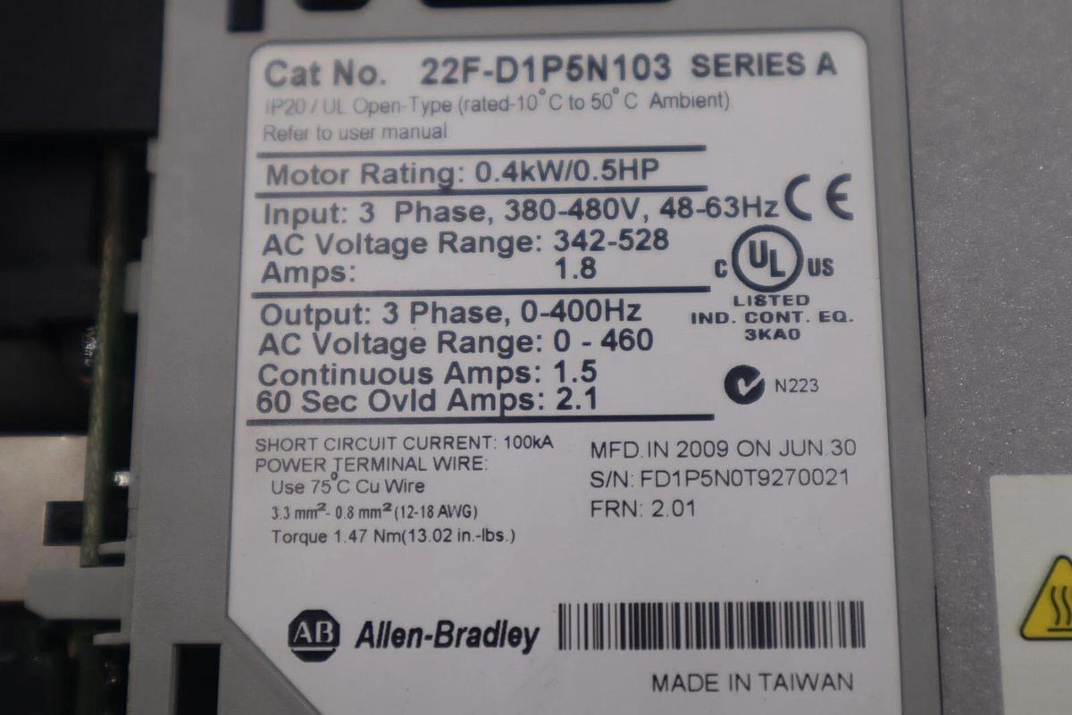 Used Allen-Bradley 22F-D1P5N103 Power Flex 4M 0.4 kW 0.5 HP AC Drive STOCK B-1383