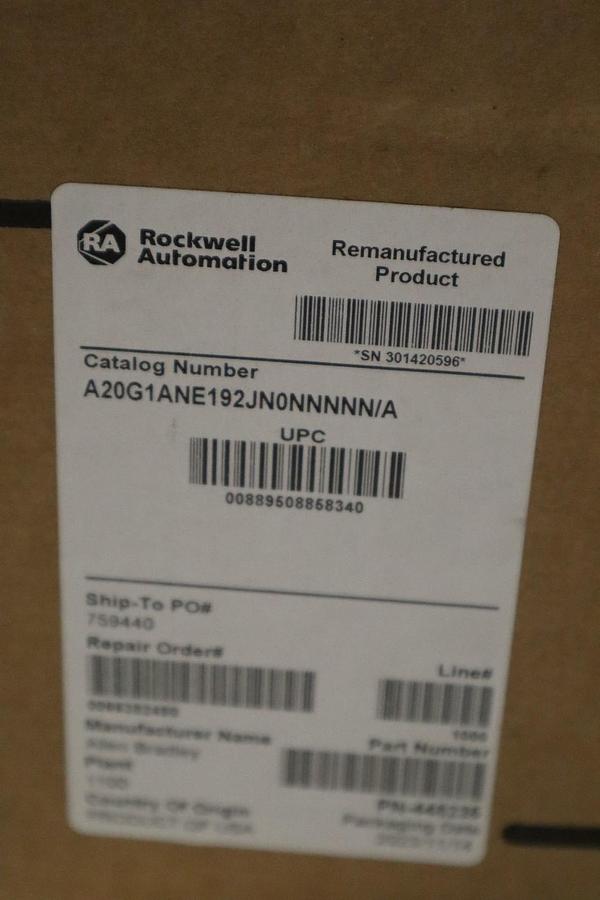 Used Allen Bradley 20G1ANE192JN0NNNNN PowerFlex 755 REMANUFACTURED DRIVE STOCK GF179