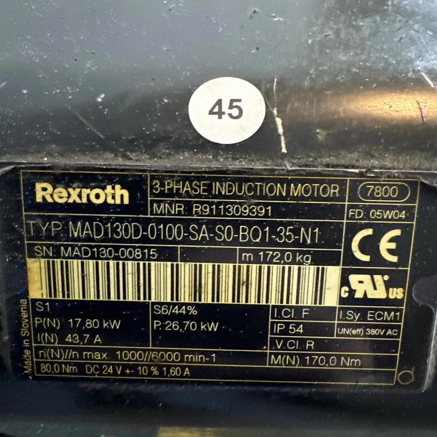 Used Rexroth R911309391 Servo Induction Motor MAD130D-0100-SA-S0-BQ1-35-N1 #HP127