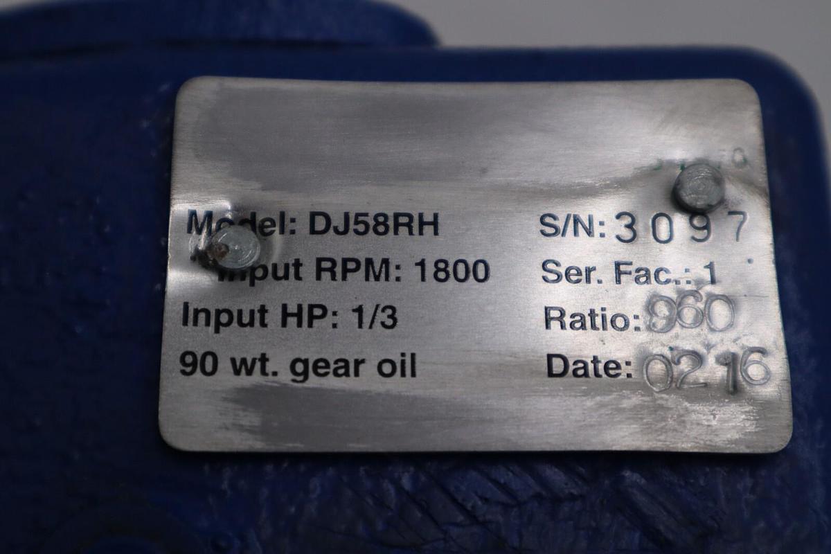 Used NEW OPEN BOX P & A Conveyor Gearbox DJ58RH 1800 Rpm 1/3 Hp 960:1 Ratio STK 2102A