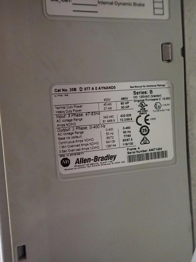 ALLEN BRADLEY 20BD077A0AYNAND0 POWERFLEX 700 DRIVE VFD 60 HP NEW UNIT STOCK S654
