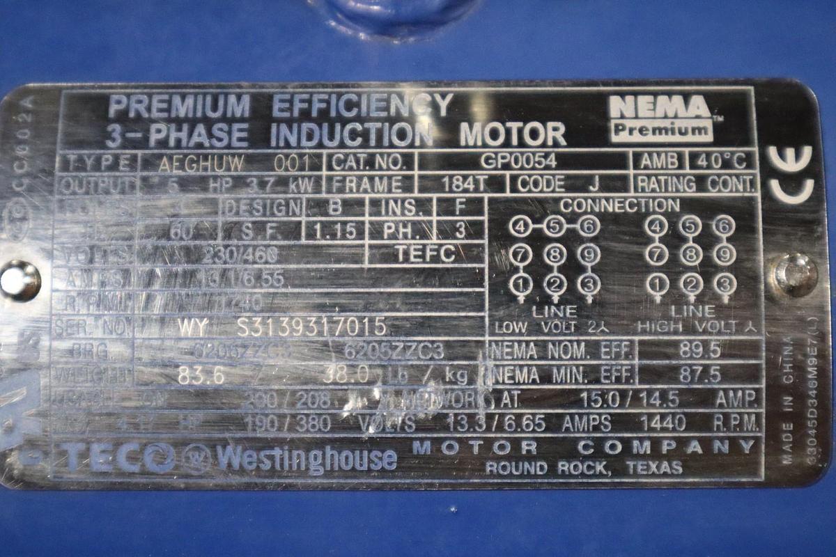 Used TECO Westinghouse MAX-PE GP0054 TYPE AEGHUW Motor 5 HP STOCK HS30