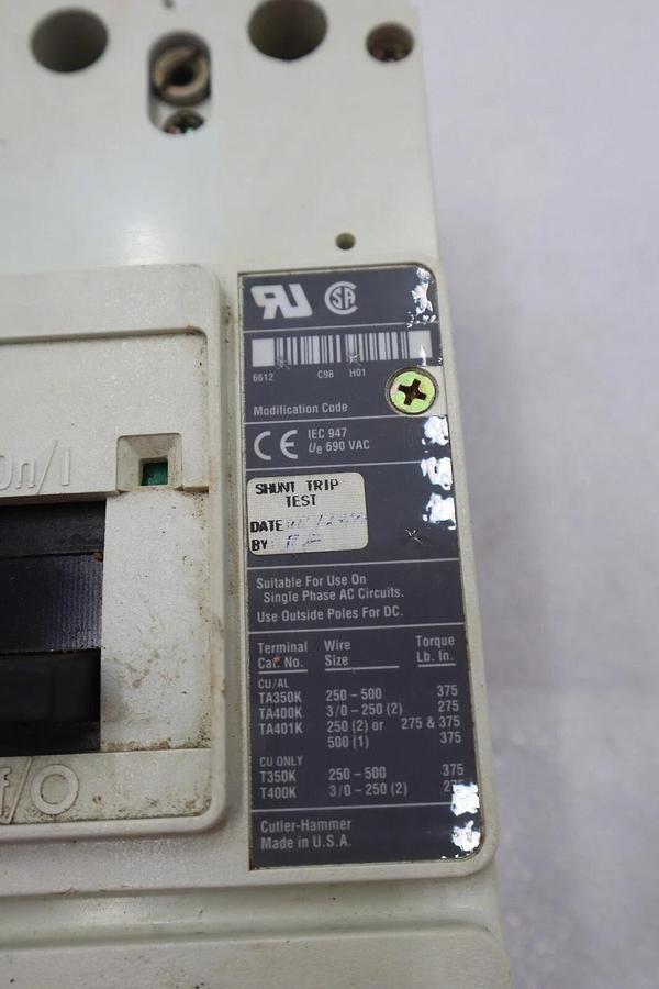 Used CUTLER-HAMMER HM2P400X5WS10 MOTOR CIRCUIT PROTECTOR SERIES C 600VAC STOCK #3219