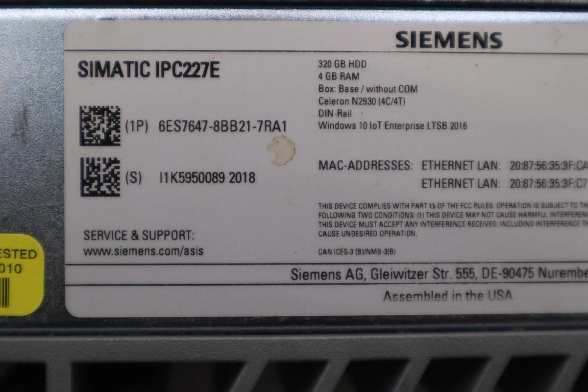 Used Siemens Simatic IPC227E Industrial PC 6ES7647-8BB21-7RA1 STOCK K-1122-A
