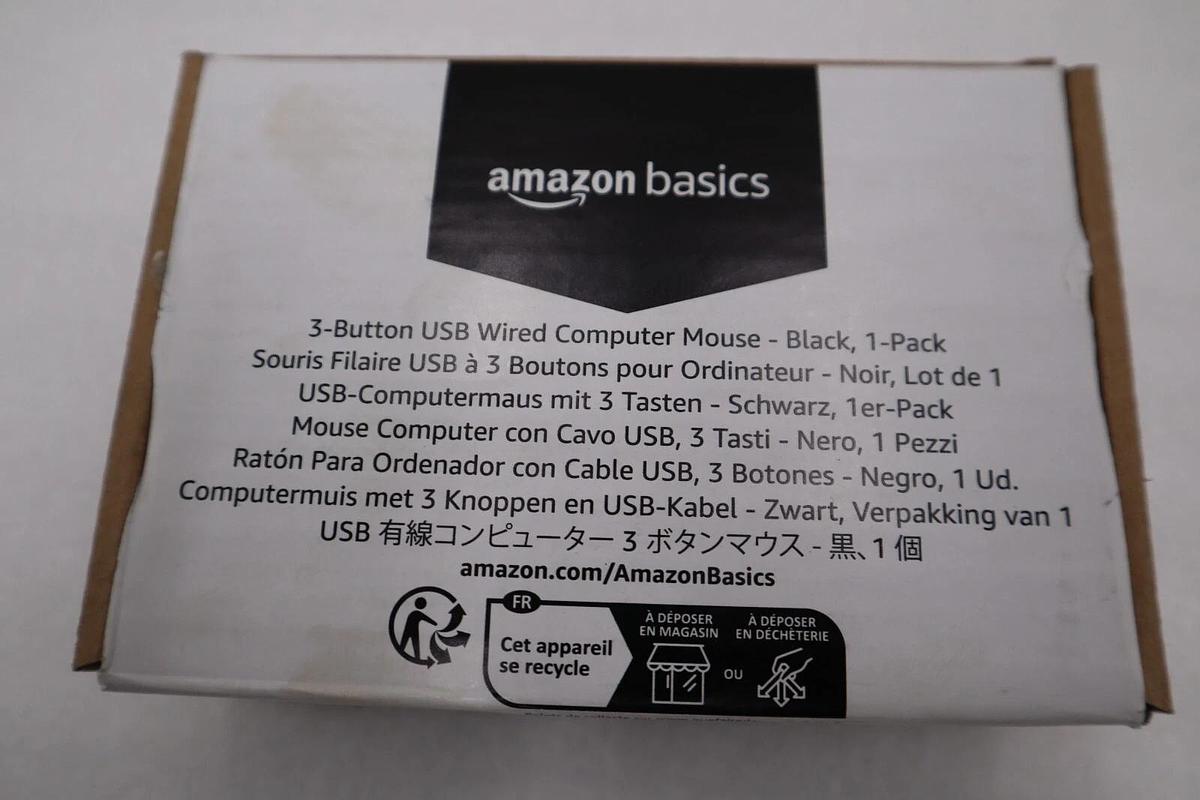 Used LOT OF 4 - Amazon Basics 3-Button Wired USB Computer Mouse Black STOCK H225A