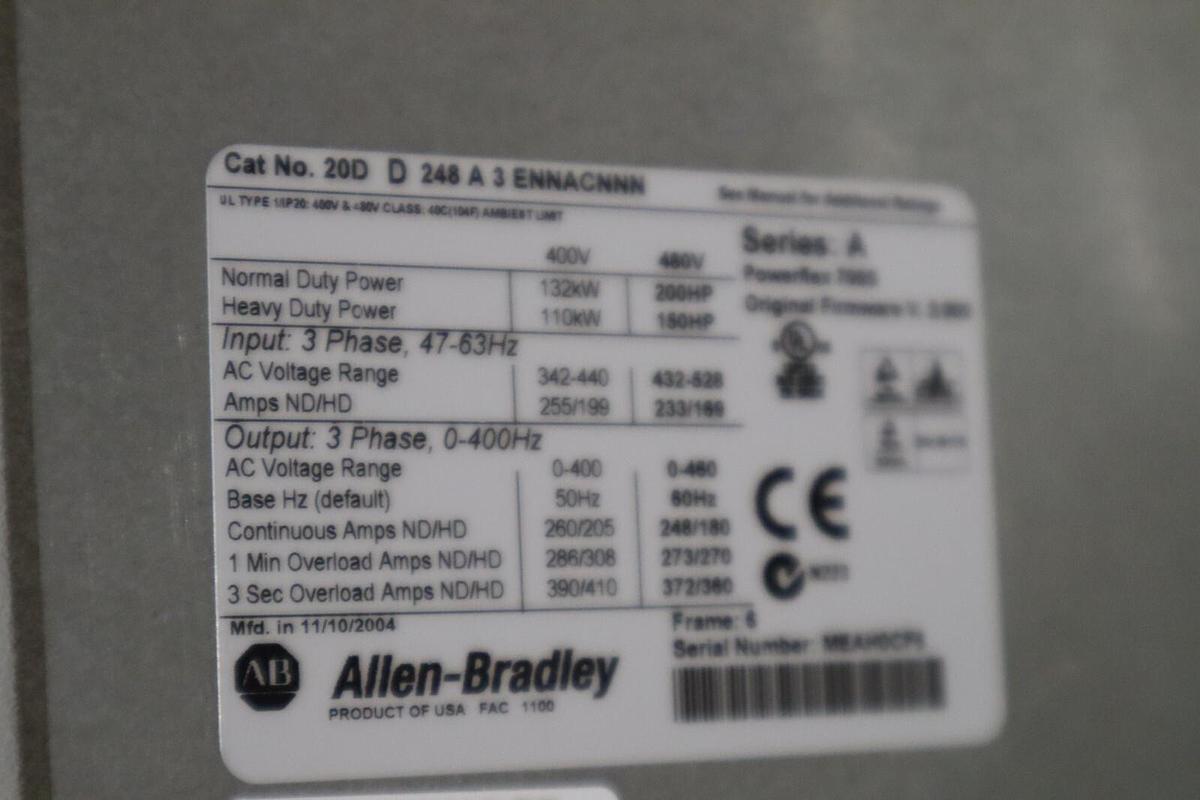 Used Allen Bradley 20DD248A3ENNACNNN 200 HP POWERFLEX 700 STOCK S-638