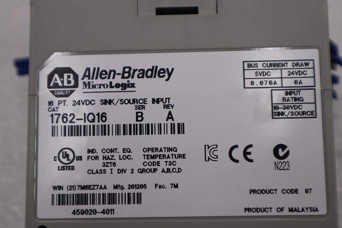Used AB ALLEN BRADLEY 1762-IQ16 SER B MicroLogix 24VDC Input Module 1762IQ16 #L-493-C