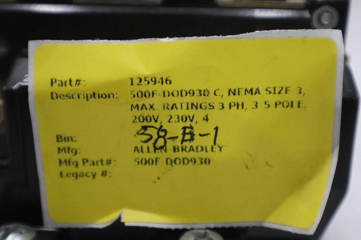 Used AB Allen Bradley 500F-DOD930 Size 3 Magnetic Contactor, 120VAC Coil 90A 3-5 Pole