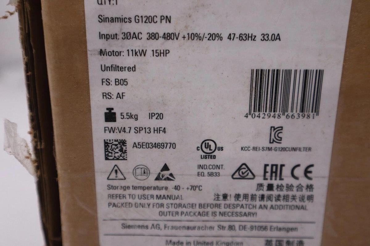 NEW SIEMENS 6SL3210-1KE22-6UF1 G120C Drive Converter 33.0A 11kW 15HP STOCK H114