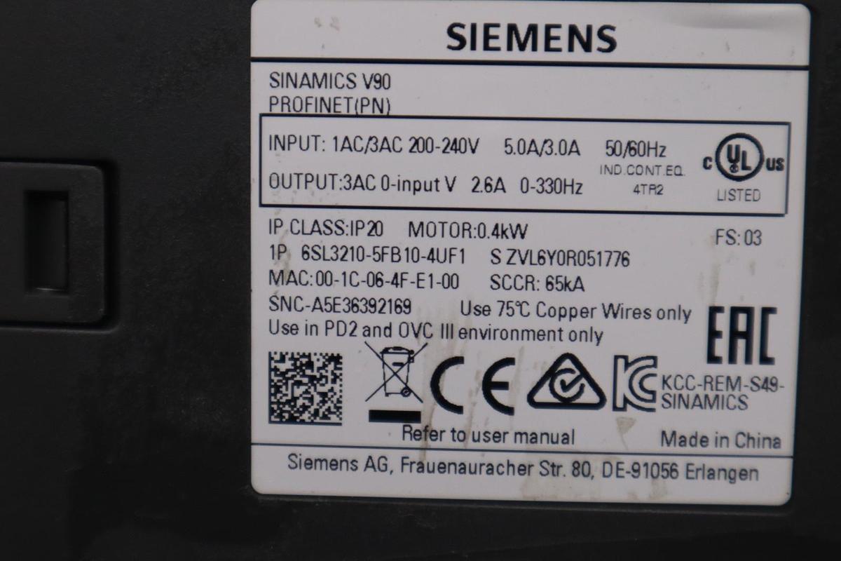 Used SIEMENS 6SL3210-5FB10-4UF1 SINAMICS V90 PROFINET SERVO DRIVE - STOCK H816C